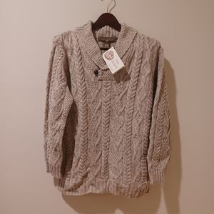 NWT Inis Crafts Irish Merino Wool Chunky Cable Knit Sweater Fisherman Ivory L